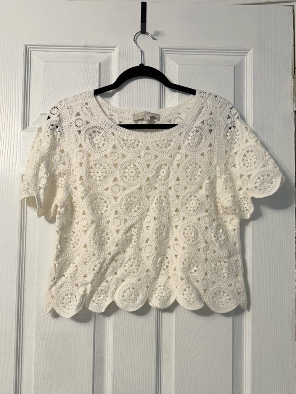 LOFT short-sleeve crochet top featuring an intricate circular medallion pattern